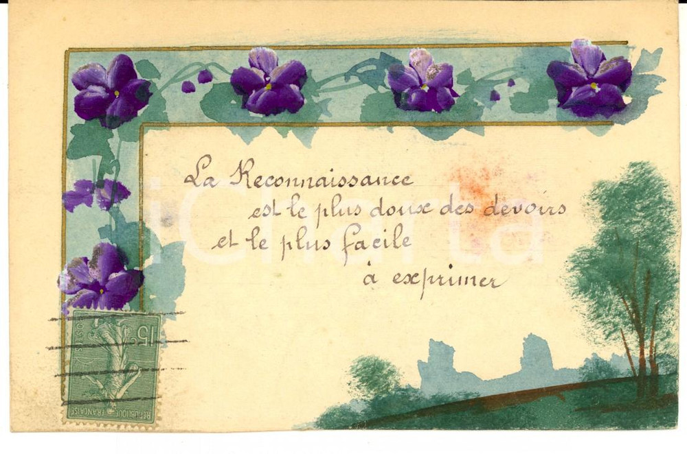 1919 FRANCIA Cartolina con fiori viola - Riconoscenza *DIPINTA A MANO