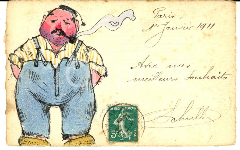 Cartolina originale da collezione 1911 PARIS Grasso operaio fuma la pipa Cartolina DIPINTA A MANO Ill. SCHULLER 1
