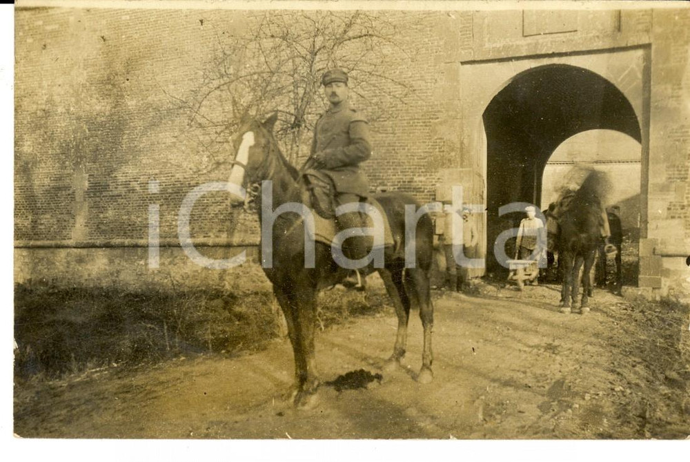 Fotografia d epoca originale 1915 ca WW1 FRANCIA Ufficiale posa a cavallo alle porte di un paese Foto FP 1