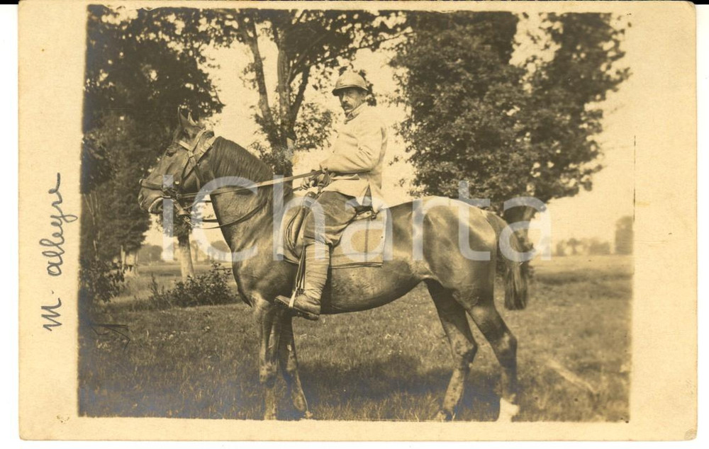 Fotografia d epoca originale 1915 ca WW1 FRANCIA Ufficiale Marius ALLEGRE a cavallo Fotografia FP 1