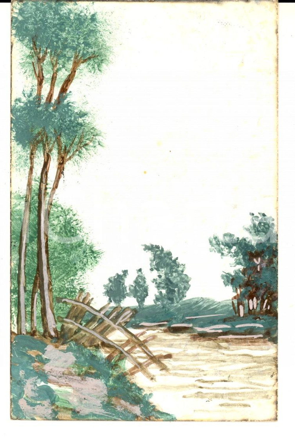 Cartolina originale da collezione 1905 FRANCIA Fiume con staccionata in rovina Cartolina DIPINTA A MANO 1