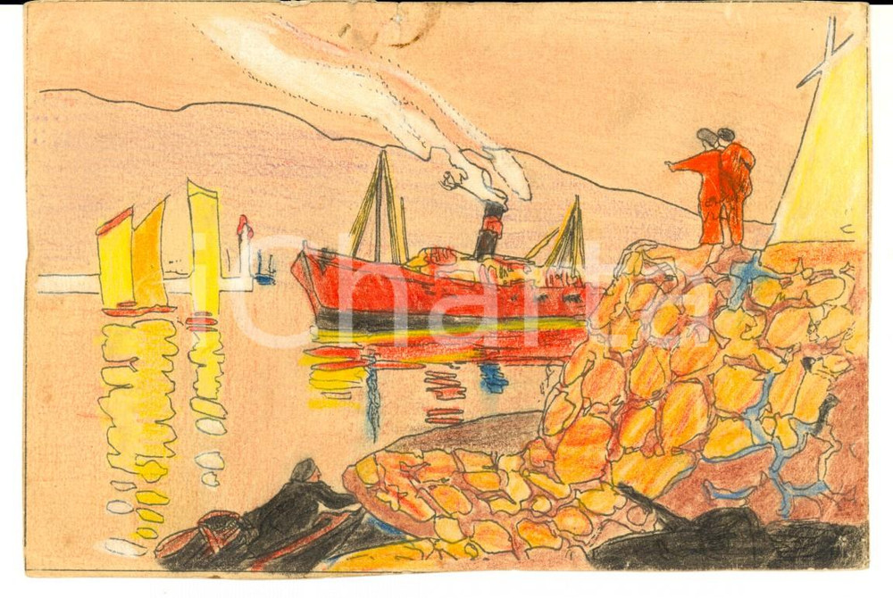 Cartolina originale da collezione 1910 ca FRANCIA Nave da crociera entra in porto Cartolina COLORATA A MANO 1