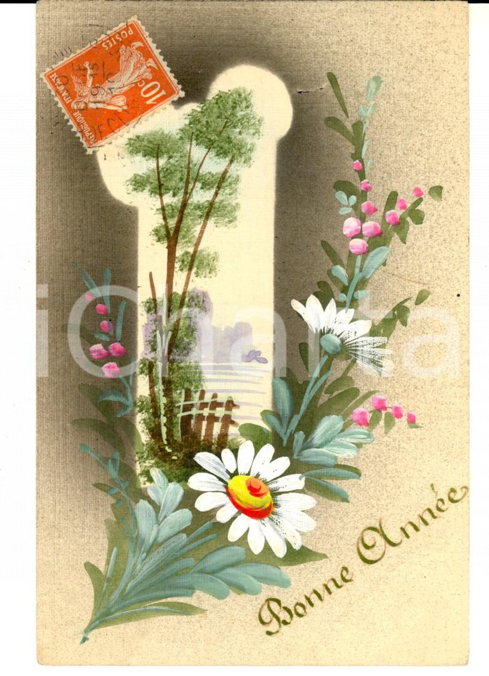 Cartolina originale da collezione 1910 FRANCIA Cartolina BONNE ANNEE con mazzolino di margherite DIPINTA A MANO 1