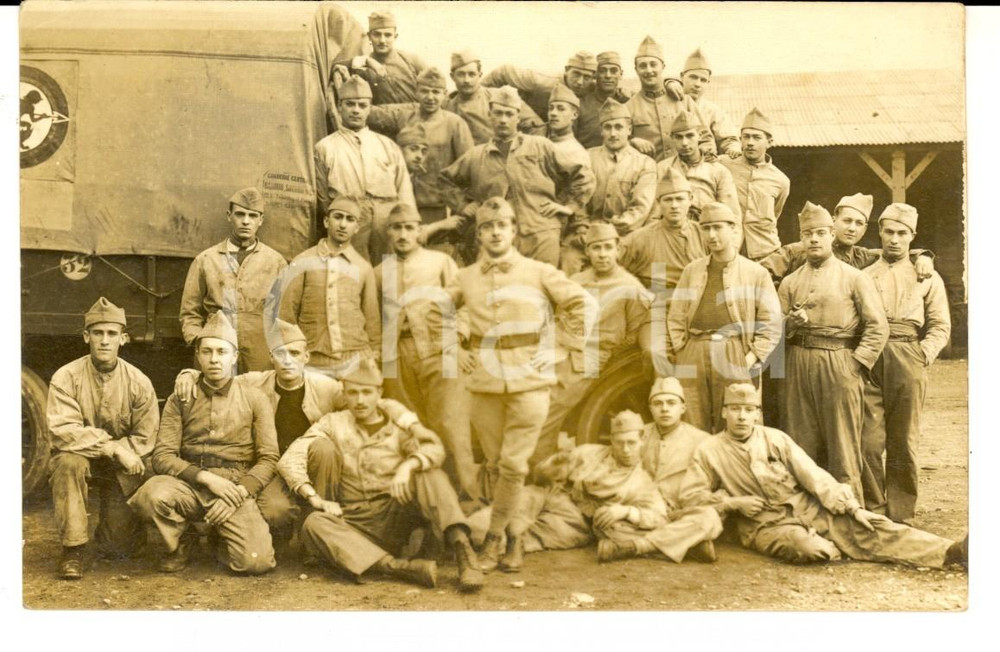 Fotografia d epoca originale 1915 ca WW1 FRANCE Soldati con un carro di materiali BARDOU et FILS Corderie 1