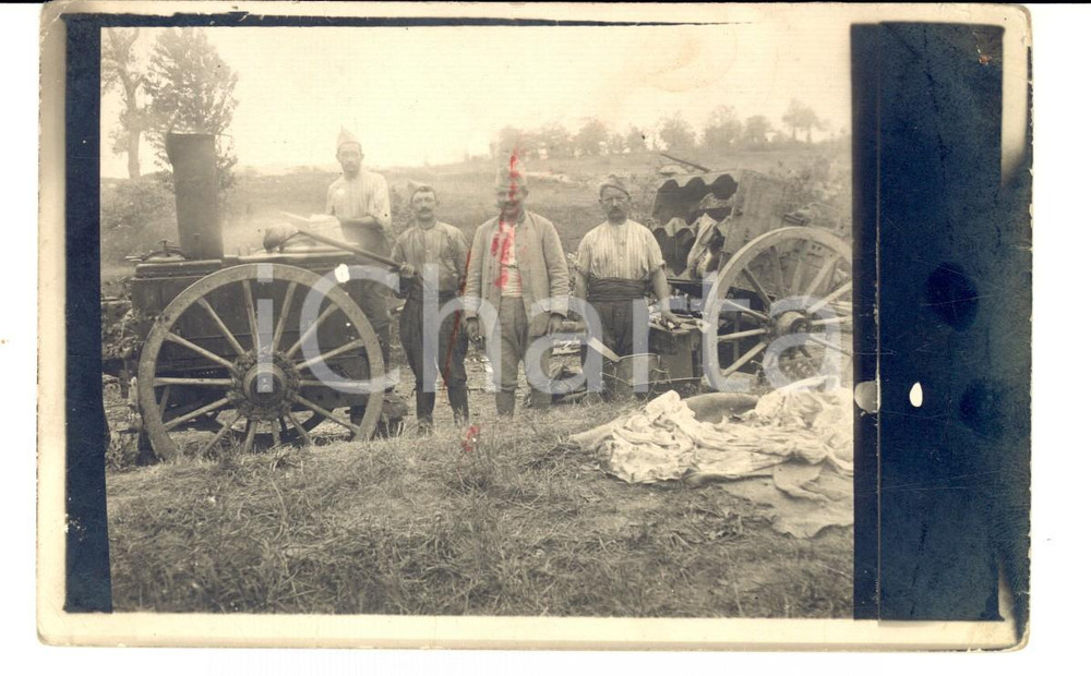 Fotografia d epoca originale 1915 ca WW1 FRANCIA Cucina da campo pronta al rancio Fotografia 1