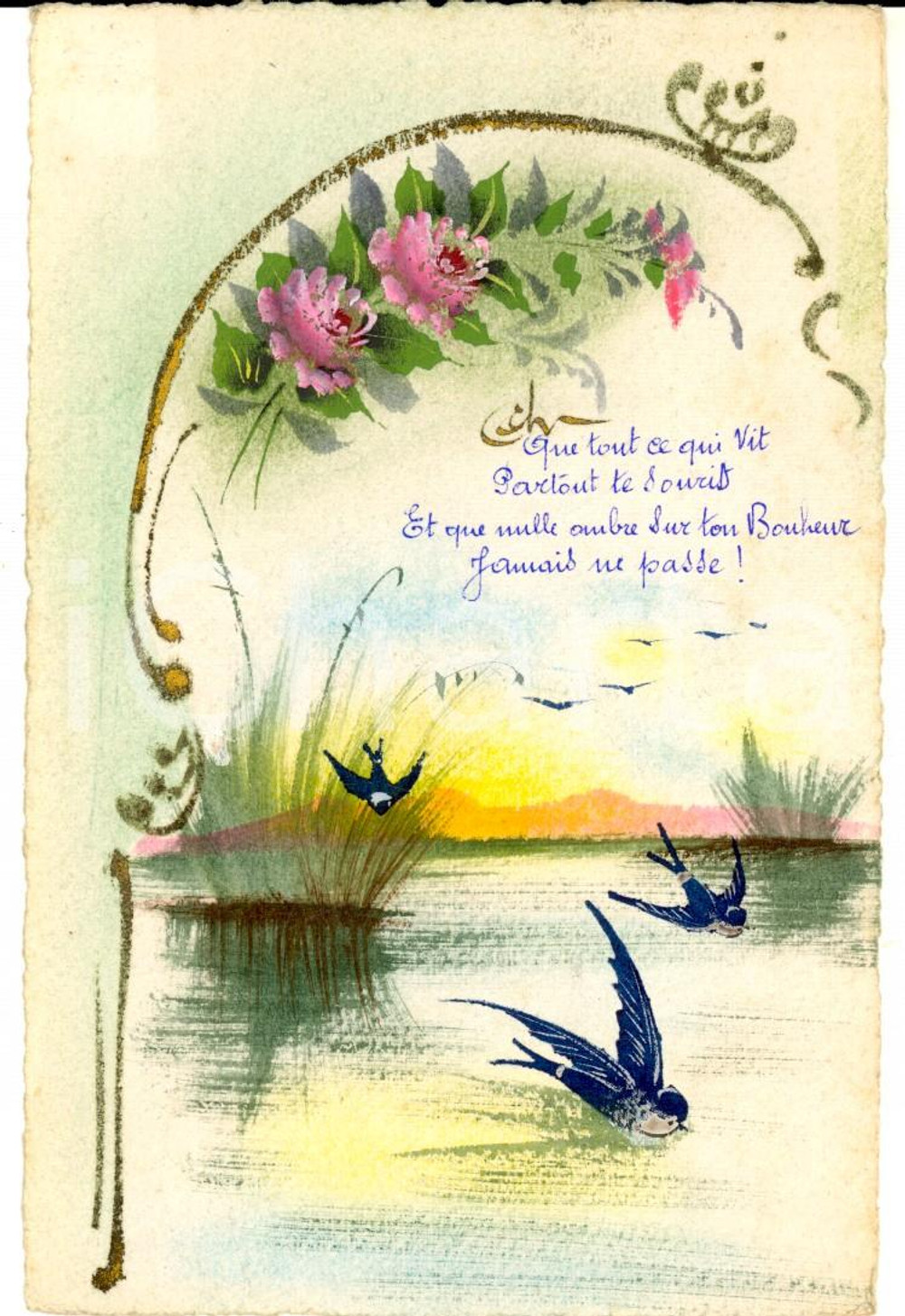Cartolina originale da collezione 1910 ca FRANCIA Rondini in volo su uno stagno Cartolina DIPINTA A MANO 1