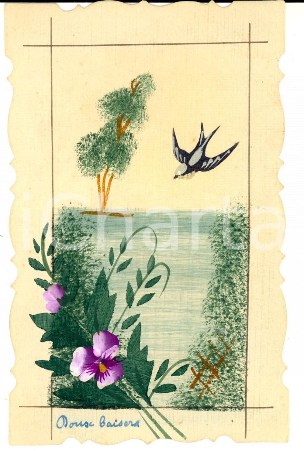 Cartolina originale da collezione 1917 FRANCIA Rondine in volo su un laghetto Cartolina DIPINTA A MANO 1