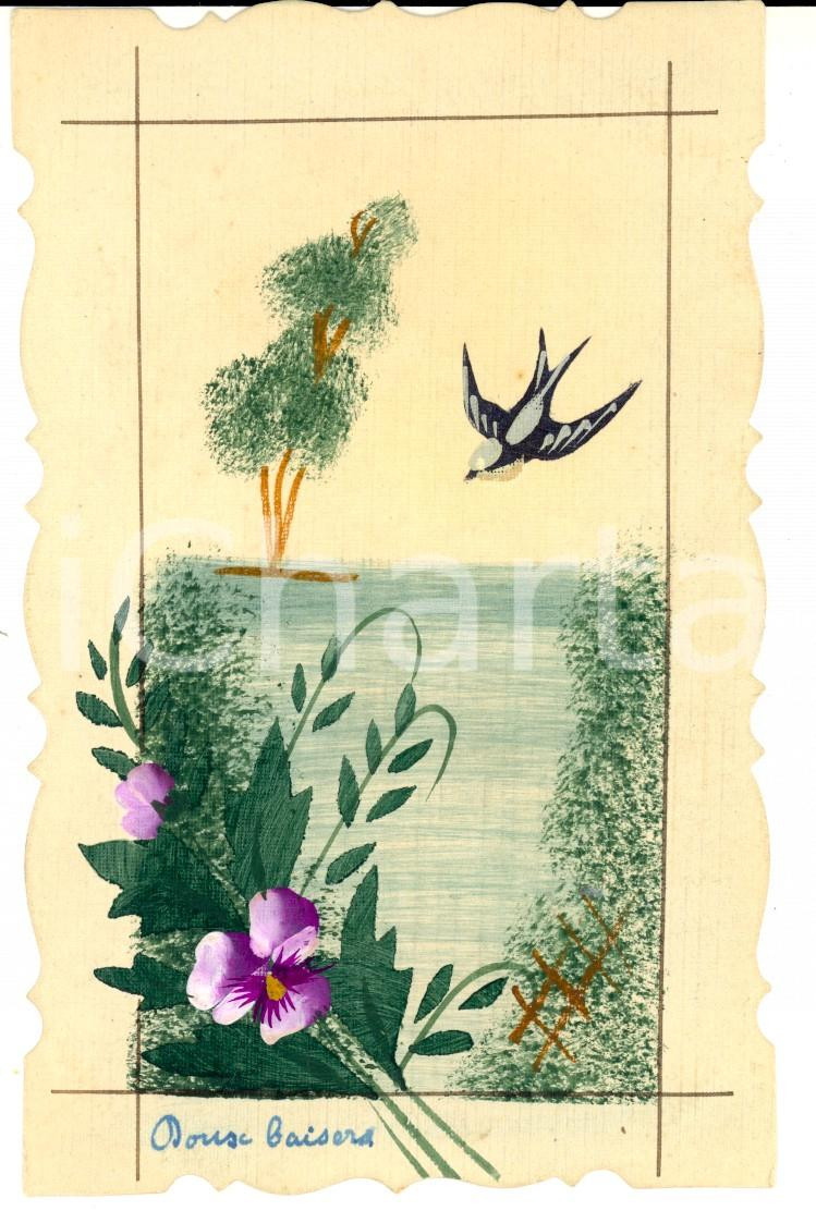 Cartolina originale da collezione 1917 FRANCIA Rondine in volo su un laghetto Cartolina DIPINTA A MANO 1