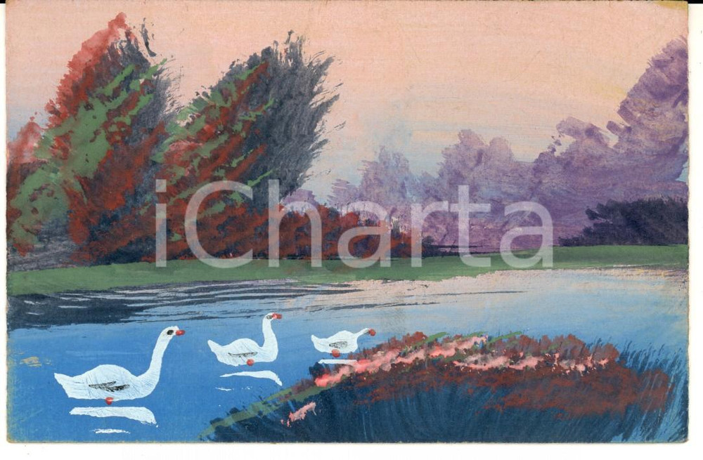 Cartolina originale da collezione 1910 ca FRANCIA Anatre nuotano su un lago Bozzetto per cartolina DIPINTO A MANO 1