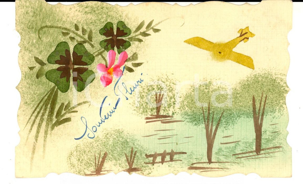 Cartolina originale da collezione 1920 ca FRANCIA Cartolina augurale con fiori e aeroplano DIPINTA A MANO FP 1