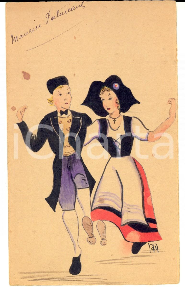 Oggetto da collezione cartaceo 1945 FRANCIA Maurice PATUREAU MenÃ¹ nuziale DIPINTO A MANO con coppia in costume 1