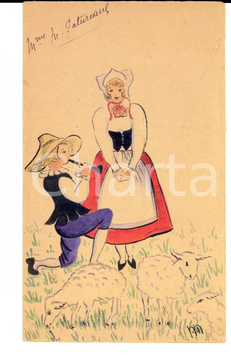 Oggetto da collezione cartaceo 1945 FRANCIA M.me M. PATUREAU MenÃ¹ nuziale DIPINTO A MANO con coppia in costume 1