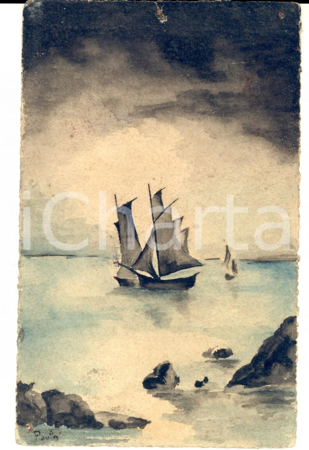 Cartolina originale da collezione 1922 BLIGNY F Barca in navigazione Cartolina ARTISTICA DIPINTA A MANO 1