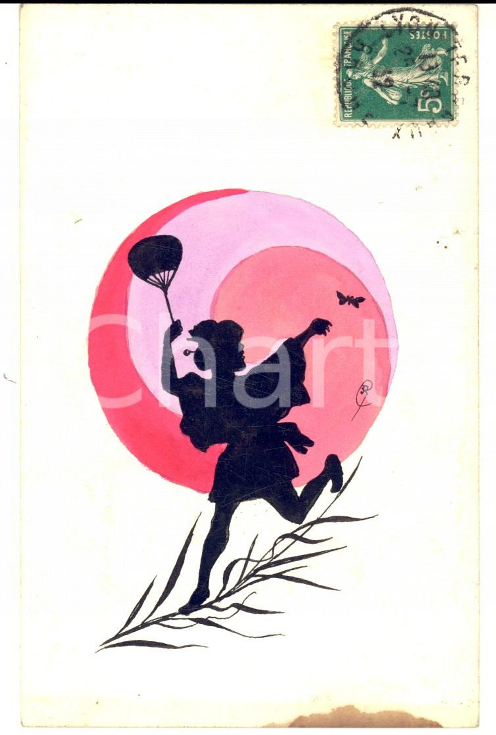 Cartolina originale da collezione 1912 FRANCIA Bambina corre con una farfalla Cartolina DIPINTA A MANO 1