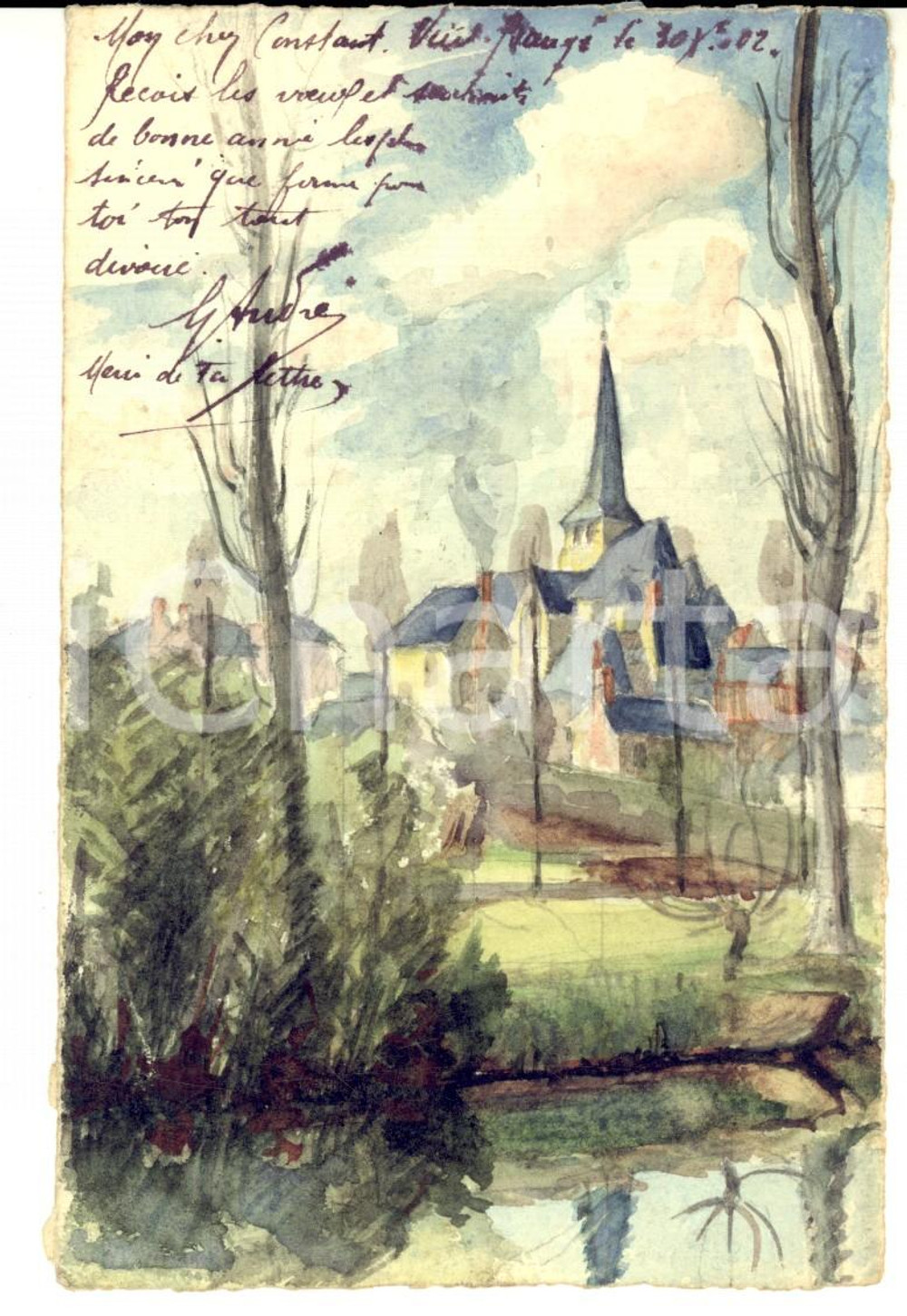 Cartolina originale da collezione 1902 BAUGE  FRANCE Veduta di un villaggio Cartolina dipinta a mano HANDMADE 1