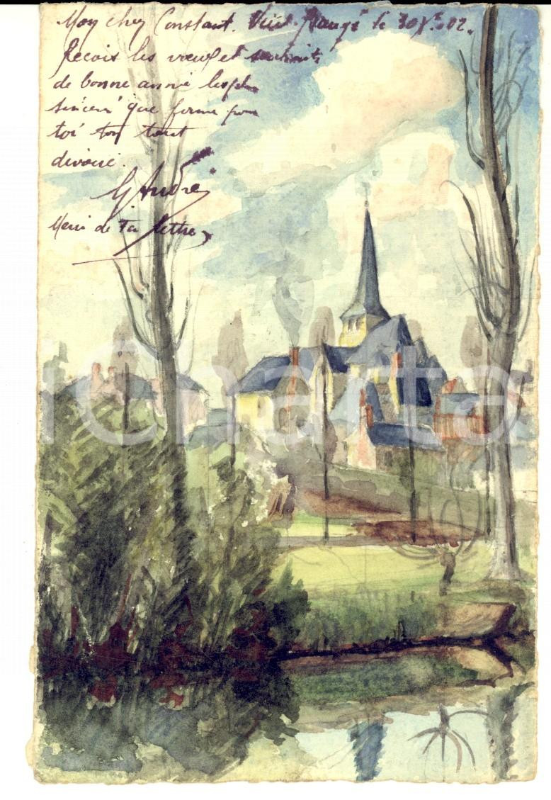 Cartolina originale da collezione 1902 BAUGE  FRANCE Veduta di un villaggio Cartolina dipinta a mano HANDMADE 1