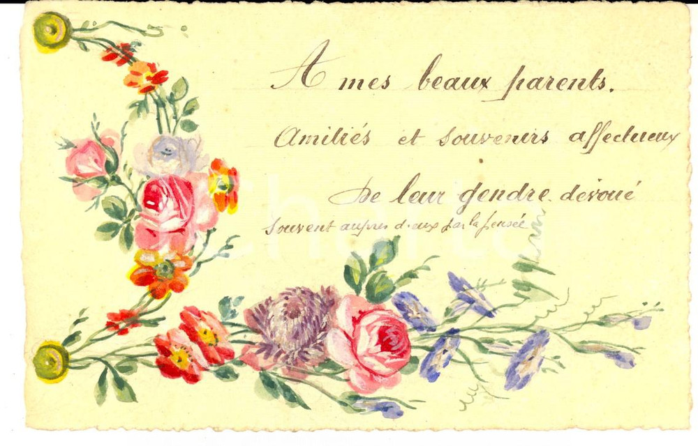 1910 ca FRANCIA Cartolina augurale con cornice floreale *DIPINTA A MANO