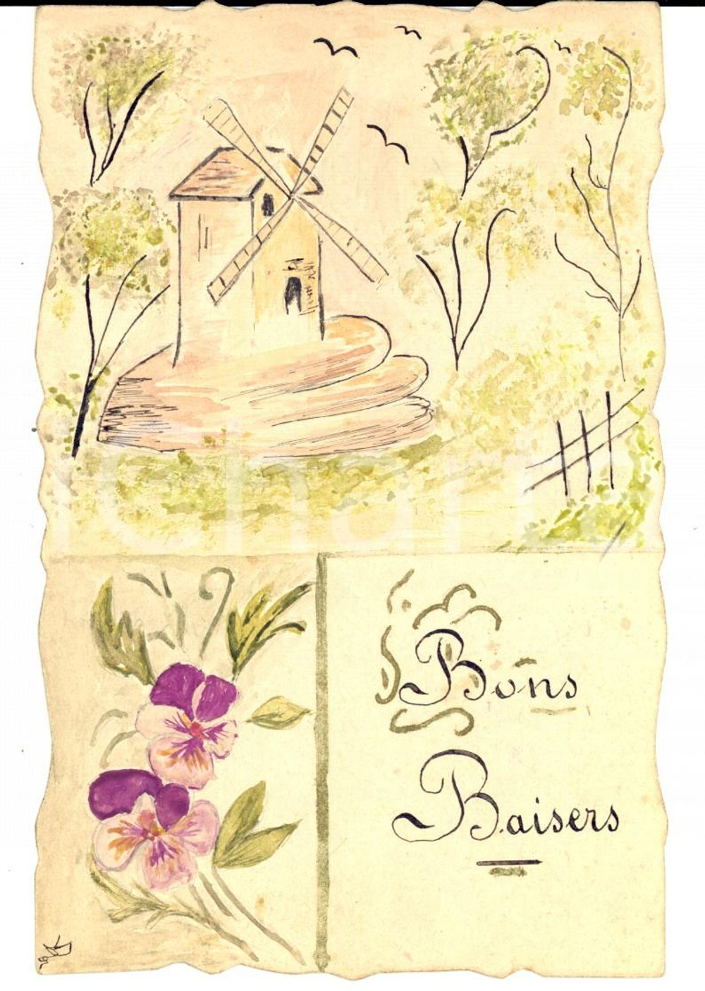 Cartolina originale da collezione 1917 ORLEANS F Cartolina augurale con mulino e violette DIPINTA A MANO 1
