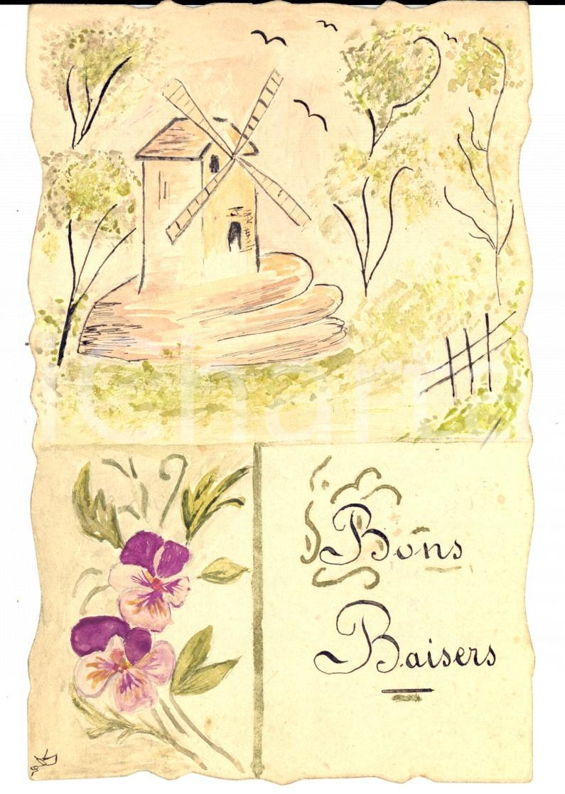 Cartolina originale da collezione 1917 ORLEANS F Cartolina augurale con mulino e violette DIPINTA A MANO 1