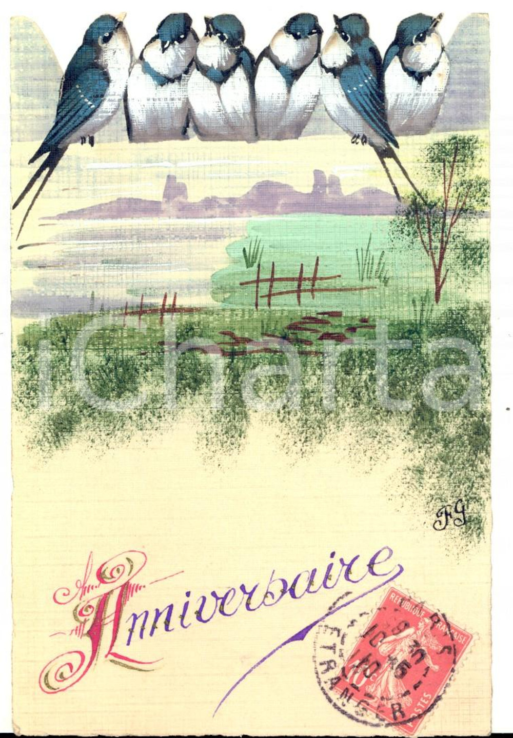 Cartolina originale da collezione 1910 FRANCIA Cartolina augurale con rondini DIPINTA A MANO Adrien Euphrosine 1