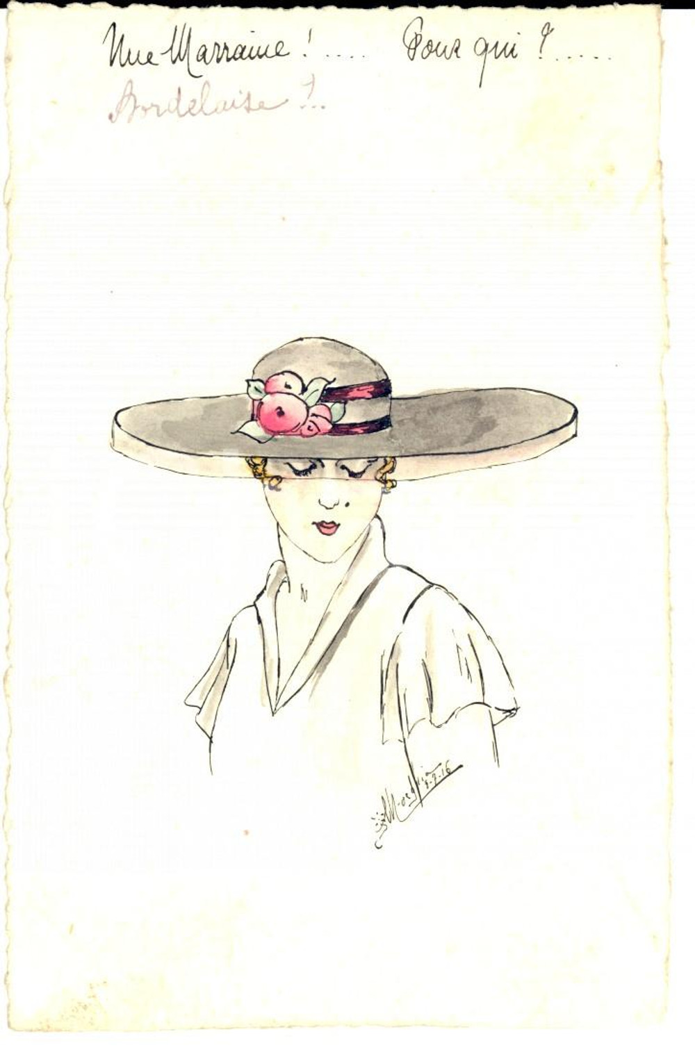 Cartolina originale da collezione 1916 FRANCIA MOEGLIA Donna con cappello a fiori Cartolina DIPINTA A MANO 1