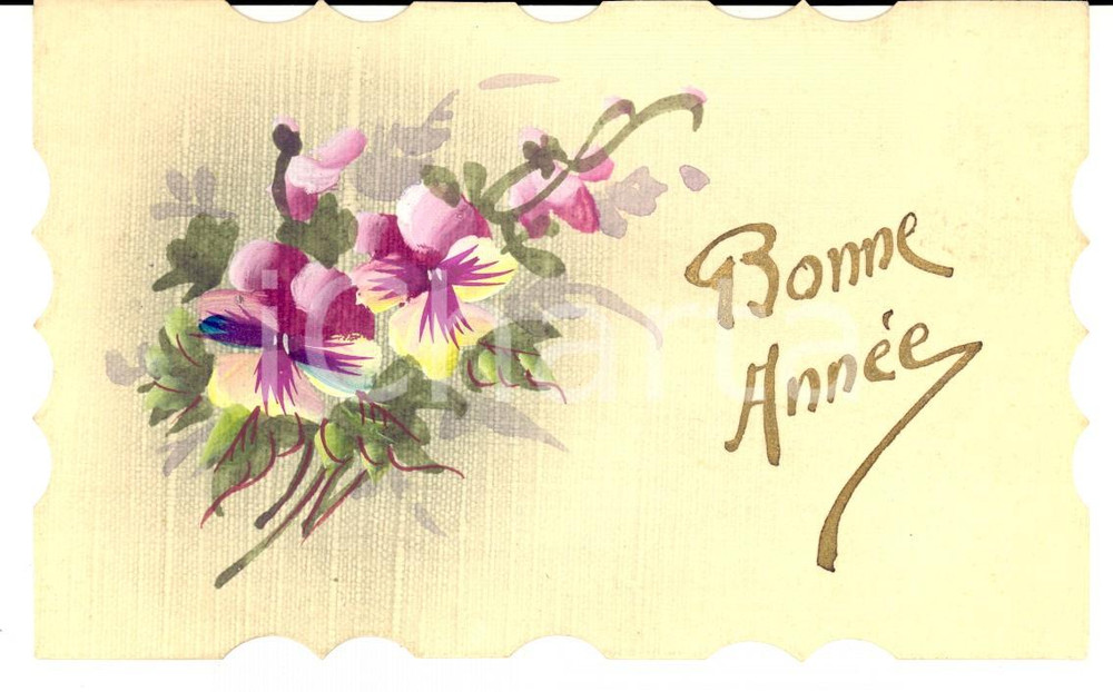 1921 FRANCIA Cartolina augurale BONNE ANNEE con violette DIPINTA A MANO FP