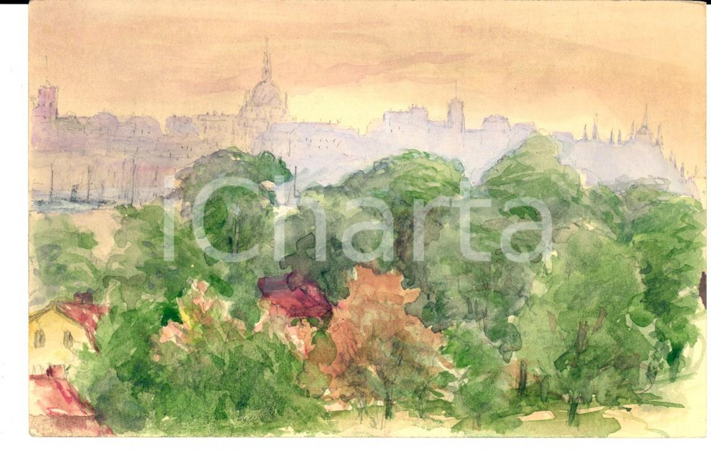 Cartolina originale da collezione 1920 ca SVEZIA Veduta di Stoccolma Cartolina postale ACQUERELLATA A MANO 1