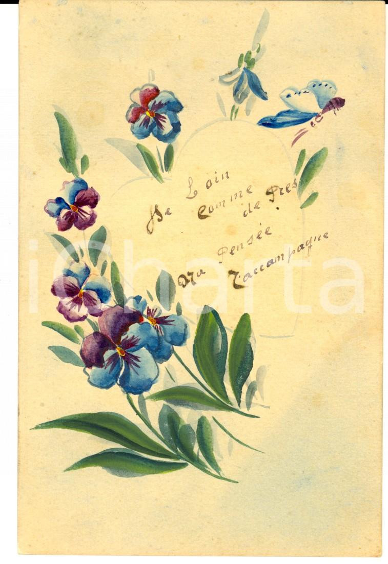 Cartolina originale da collezione 1920 ca FRANCIA Violette con una farfalla Bozzetto DIPINTO A MANO 1