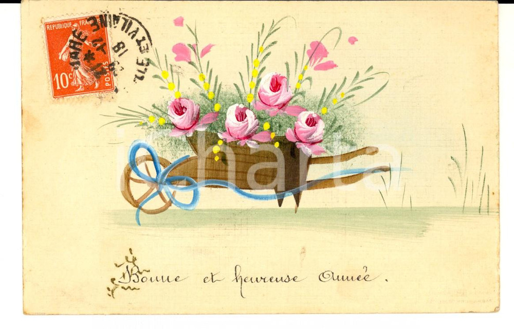 Cartolina originale da collezione 1918 FRANCIA Cartolina BONNE ANNEE con carriola di fiori DIPINTA A MANO 1
