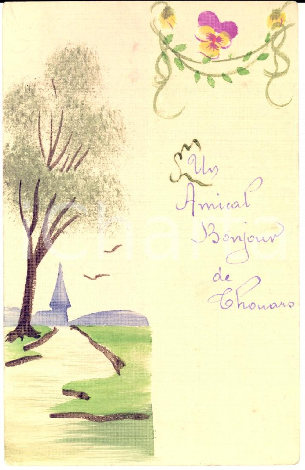 Cartolina originale da collezione 1910 ca FRANCIA Cartolina postale di saluto con paesaggio DIPINTA A MANO 1