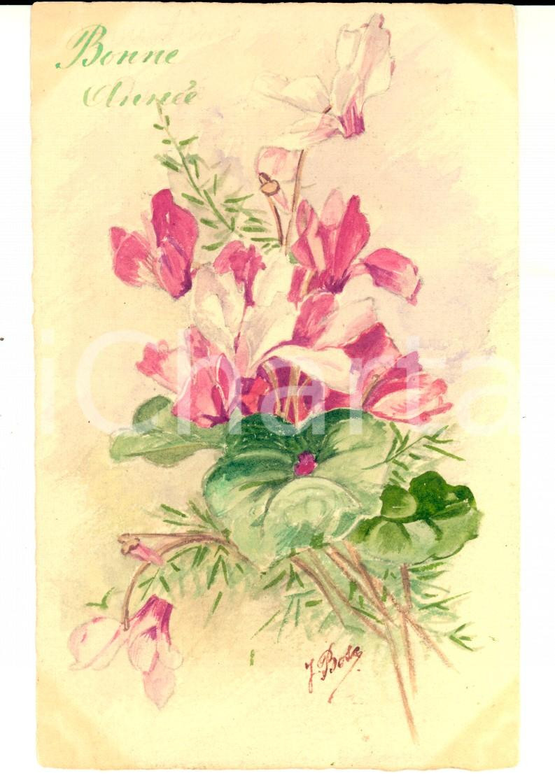 Cartolina originale da collezione 1910 ca FRANCIA J. BOSE Cartolina BONNE ANNEE con fiori rosa DIPINTA A MANO 1