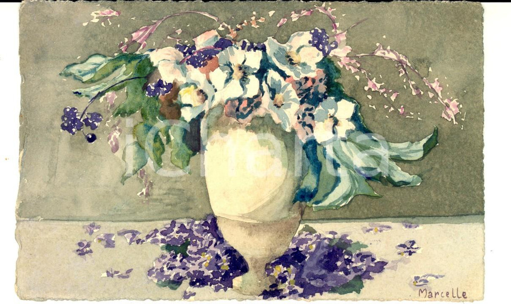 Cartolina originale da collezione 1920 ca FRANCIA Marcelle DECLARON Vaso con fiori appassiti DIPINTA A MANO 1