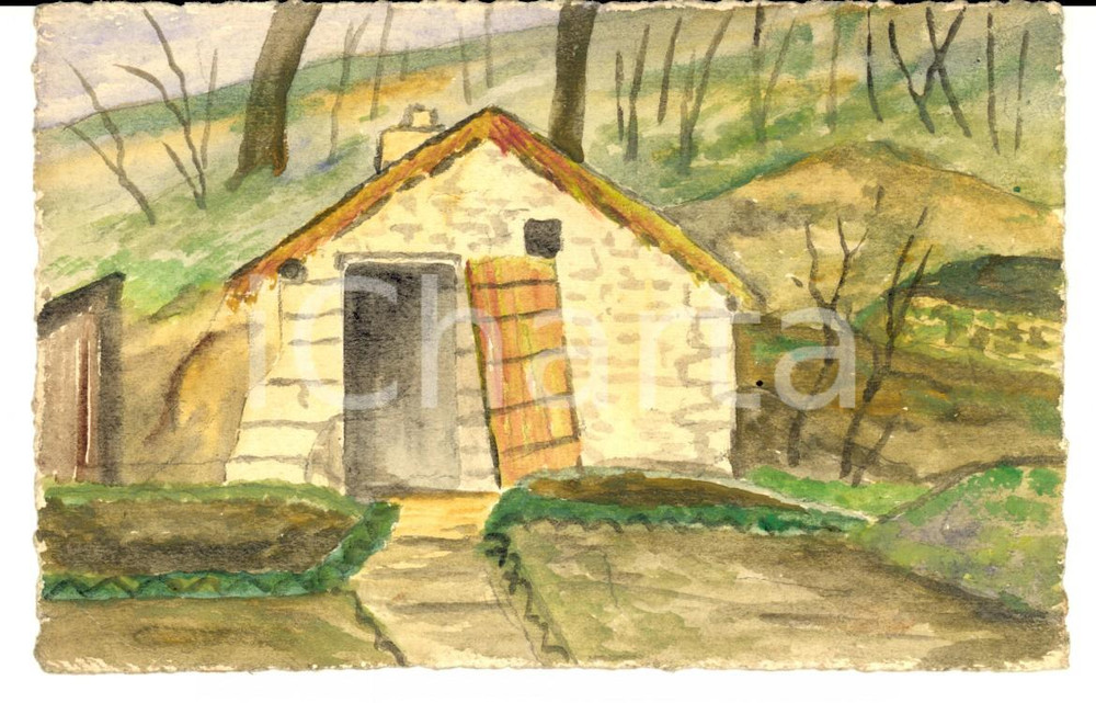 Cartolina originale da collezione 1917 FRANCIA Una cascina abbandonata nel bosco Cartolina DIPINTA A MANO 1