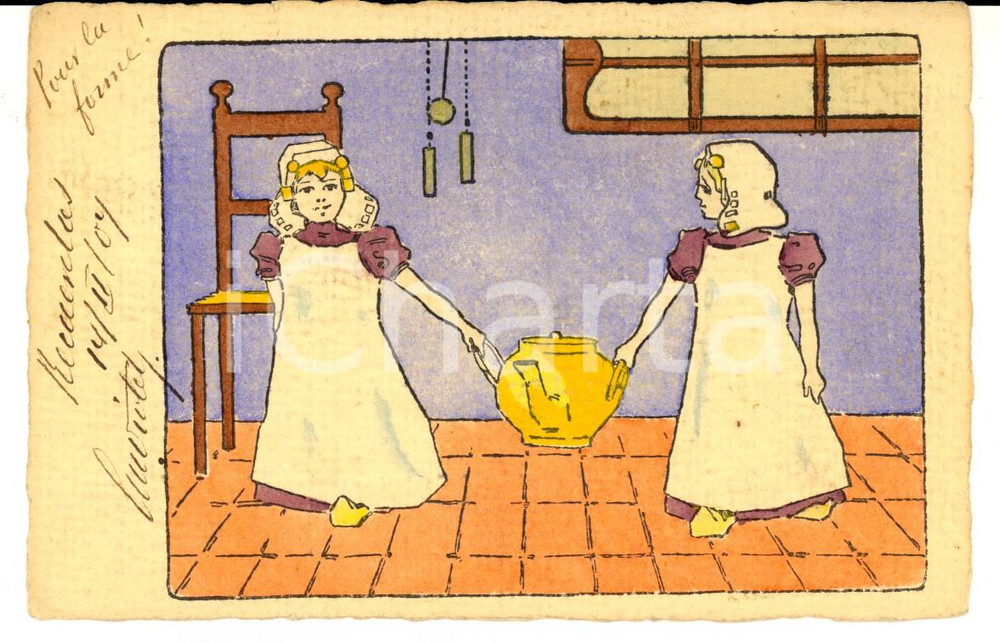 Cartolina originale da collezione 1907 FRANCIA Servette trasportano un anfora Cartolina DIPINTA A MANO 1