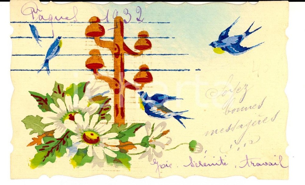 Cartolina originale da collezione 1932 FRANCIA Cartolina PASQUA con uccelli posati sui fili DIPINTA A MANO 1