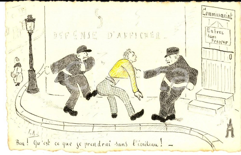 Cartolina originale da collezione 1910 ca FRANCIA Ladro preso a calci dai poliziotti Cartolina DIPINTA A MANO 1