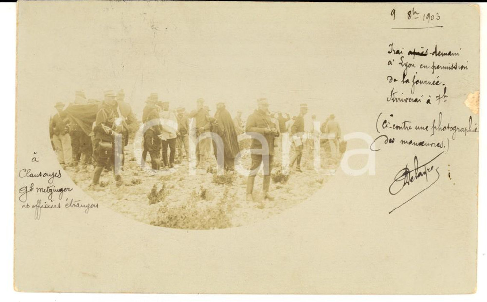 Fotografia d epoca originale 1903 MONTELIMAR GÃ©nÃ©ral METZINGER et officiers Ã©trangers Photo carte postale 1