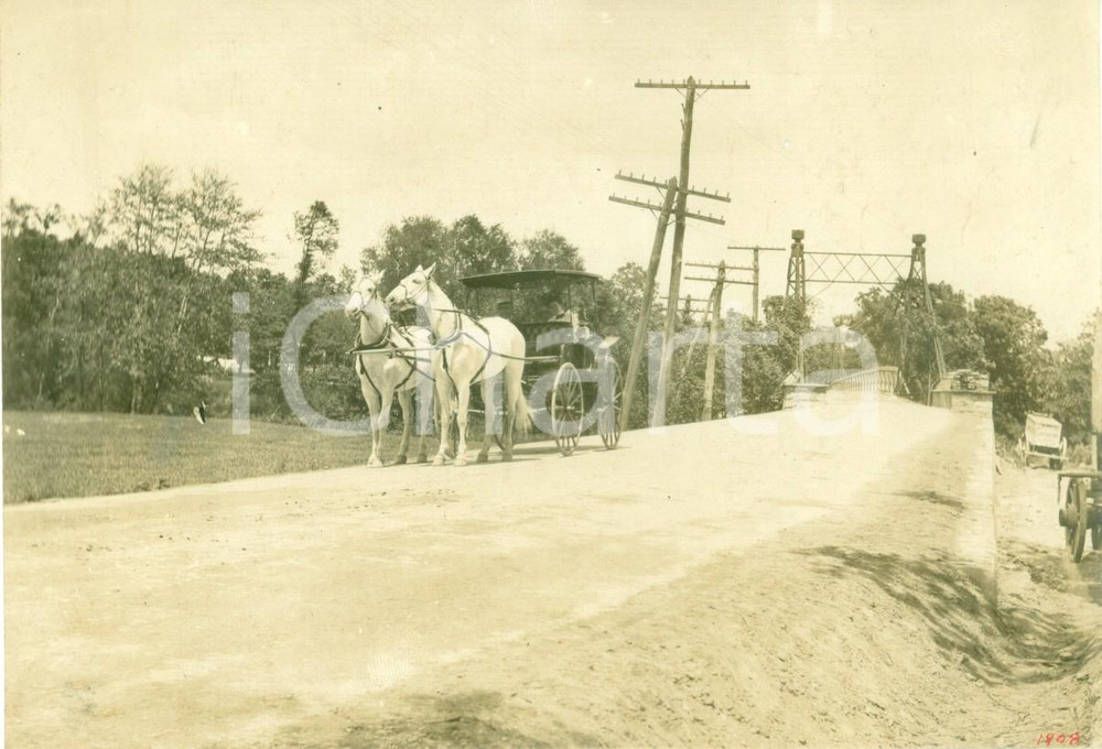 Fotografia d epoca originale 1908 PINE CREEK, PENNSYLVANIA USA Carrozza a due cavalli sulla nuova strada 1