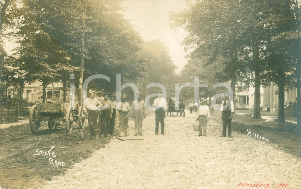 1908 BLOSSBURG, PENNSYLVANIA (USA) Operai e mezzi sulla State Road Fotocartolina