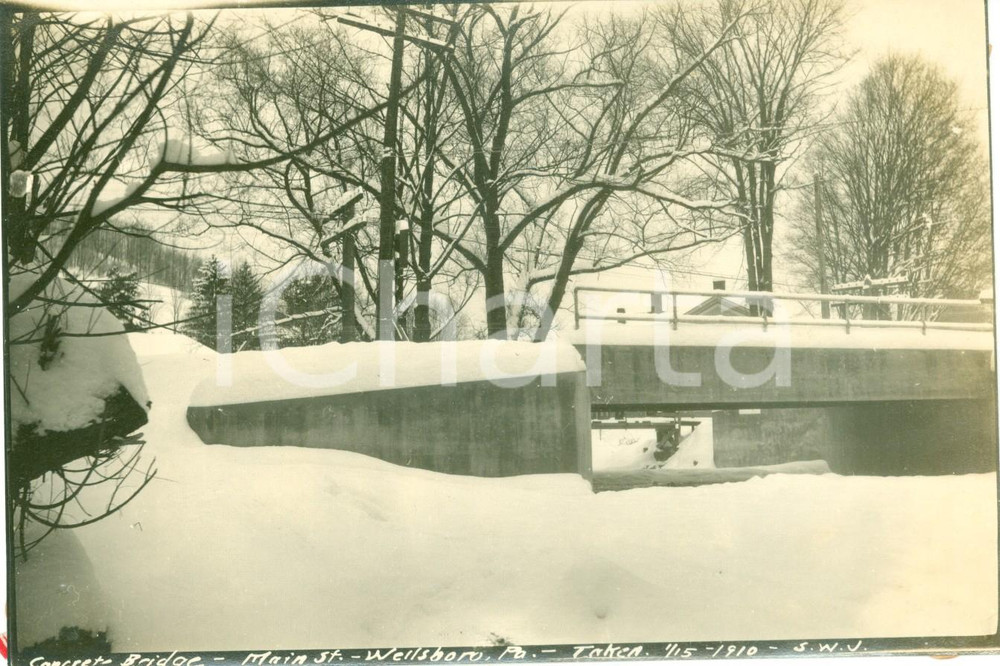 Fotografia d epoca originale 1910 WELLSBORO, PENNSYLVANIA USA Il ponte di Main Street coperto di neve Foto 1