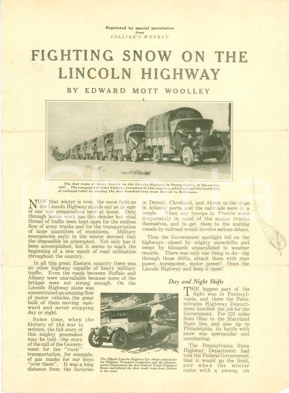 Documento originale, autentico 1917 Edward MOTT WOOLLEY Fighting snow on the Lincoln Highway Estratto 1