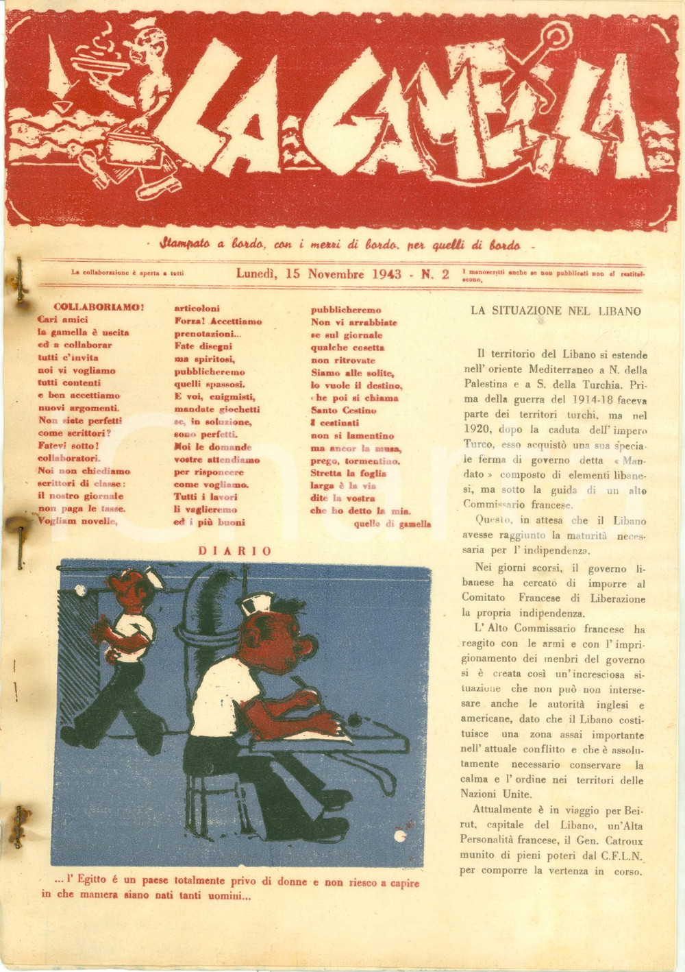 Giornale, rivista storica 1943 RSI Giornale LA GAMELLA stampato a bordo R.N. ITALIA ILLUSTRATO Rarissimo 1
