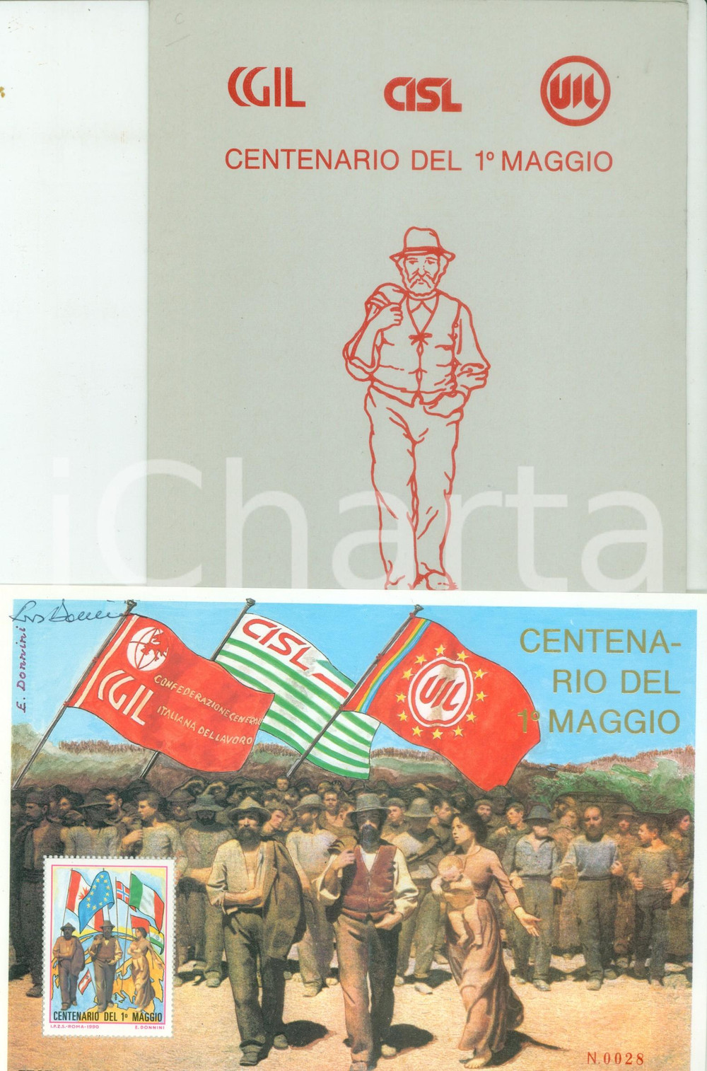 Materiale pubblicitario d’epoca 1990 CGIL CISL UIL Centenario 1Â° Maggio Francobollo commemorativo con custodia 1