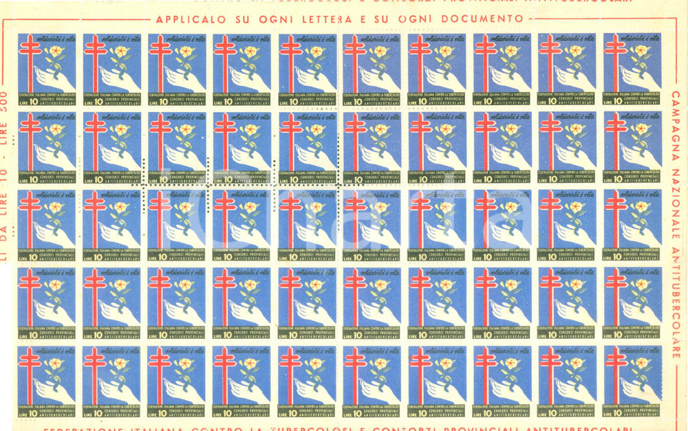 Materiale pubblicitario d’epoca 1985 ca FEDERAZIONE ITALIANA TUBERCOLOSI Foglio 50 francobolli 1