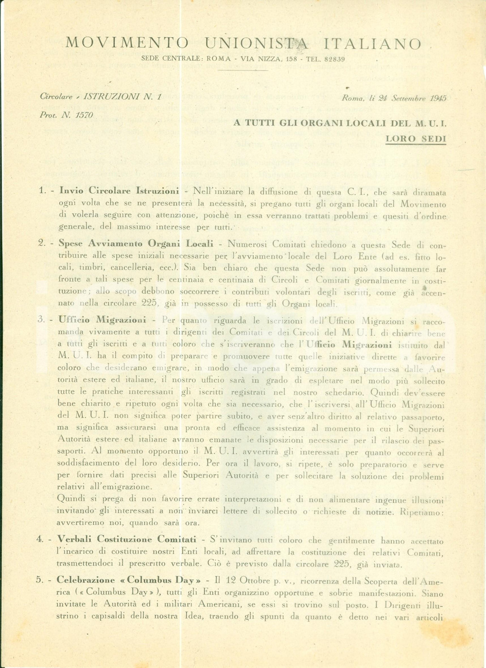 Documento originale, autentico 1945 ROMA Movimento Unionista Italiano M.U.I. Istruzioni ai Comitati Documento 1