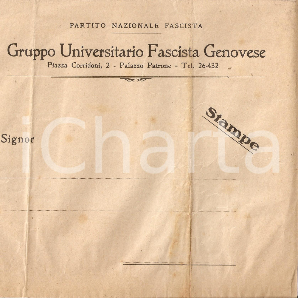 Documento originale, autentico 1940 ca GENOVA Gruppo Universitario Fascista Genovese PNF Busta intestata 1