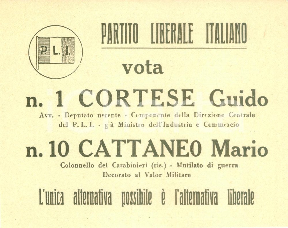 1950 ca MILANO Partito Liberale Italiano Guido CORTESE Mario CATTANEO *Volantino