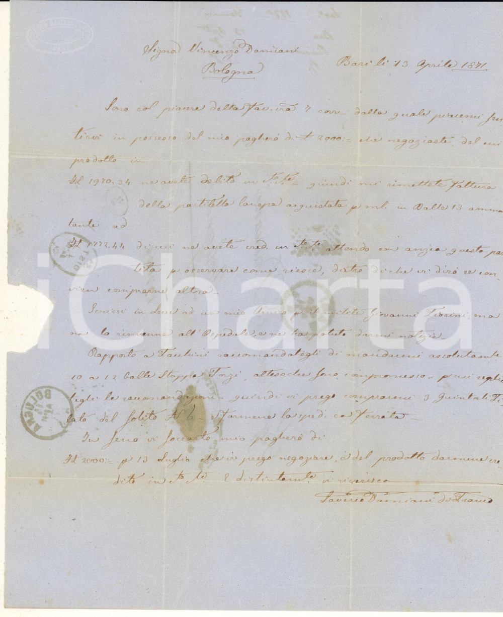 Manoscritto, lettera originale 1871 BARI Saverio DAMIANI ordina balle di stoppa a Vincenzo DAMIANI di Bologna 1