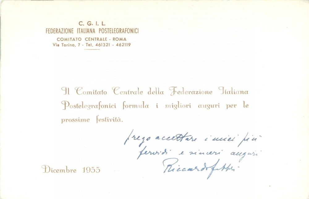 Autografo originale 1955 ROMA CGIL Federazione Postelegrafonici Riccardo FABBRI con AUTOGRAFO 1