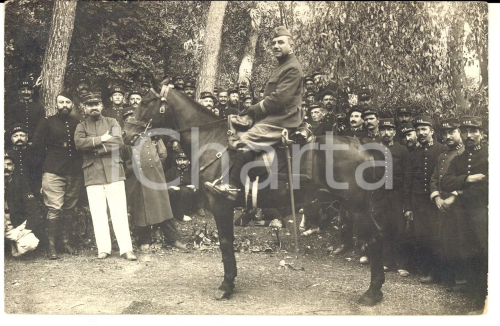 Fotografia d epoca originale 1915 ca WW1 FRANCIA Soldati 115Â° Reggimento di Fanteria con ufficiale a cavallo 1